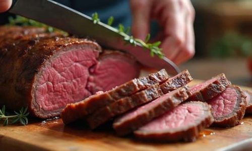 Person slices juicy roast beef on wooden board. Red meat is pink inside with brown crust. Rosemary sprigs garnish dish. Tomatoes in background ready, for meal.