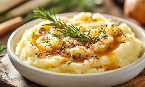 Delicious close-up of creamy mashed potatoes with gravy and herb